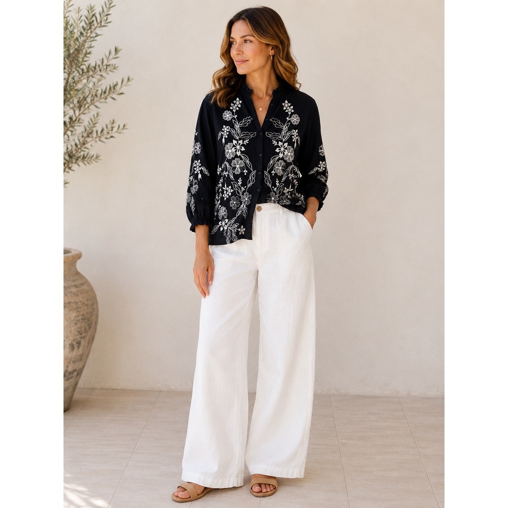 Calypso St Barth Black Linen Embroidered Blouse Boho Cottagecore Top Womens L